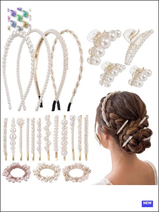 23-Piece Pearl Hair Accessory Set with Headbands, Clips, and Gold Metal Clips main image 5